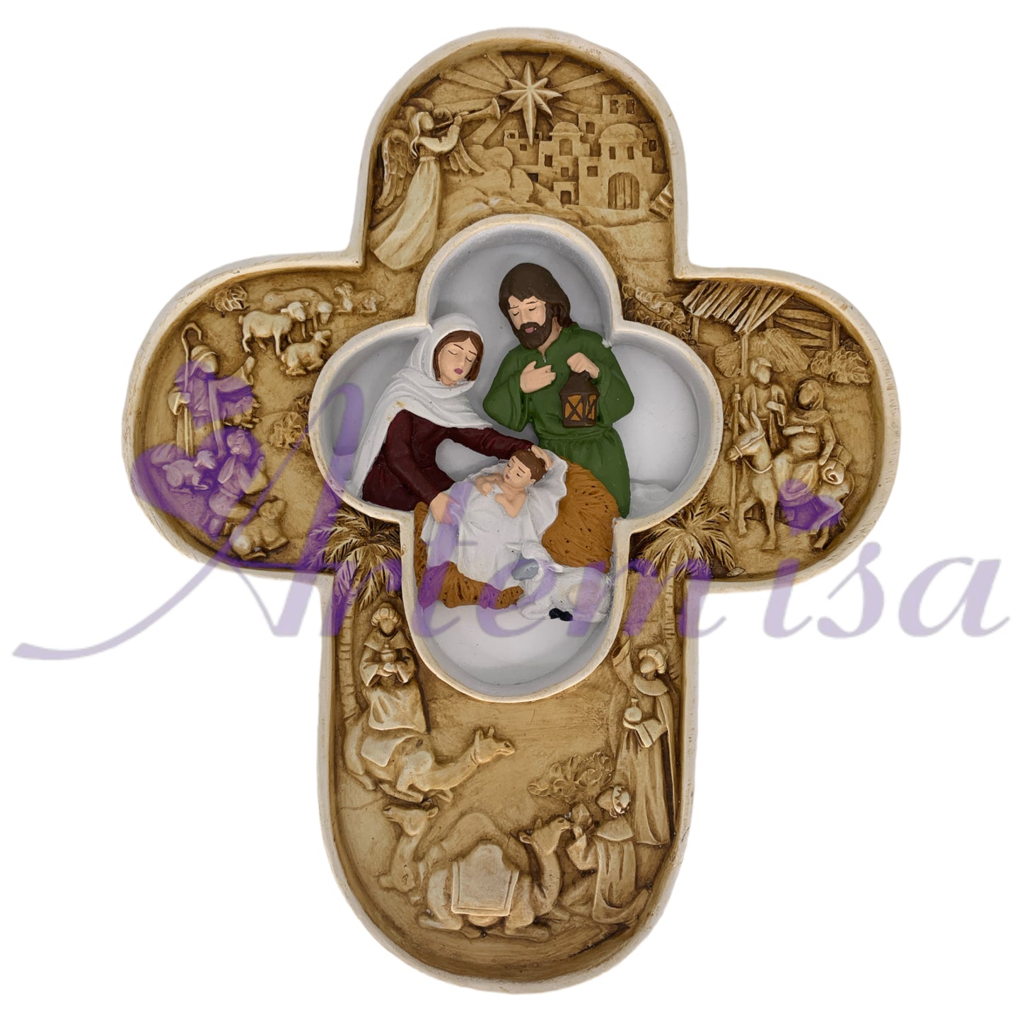 Cruz Belén con Nacimiento - Crucifijo Pesebre Artesanal